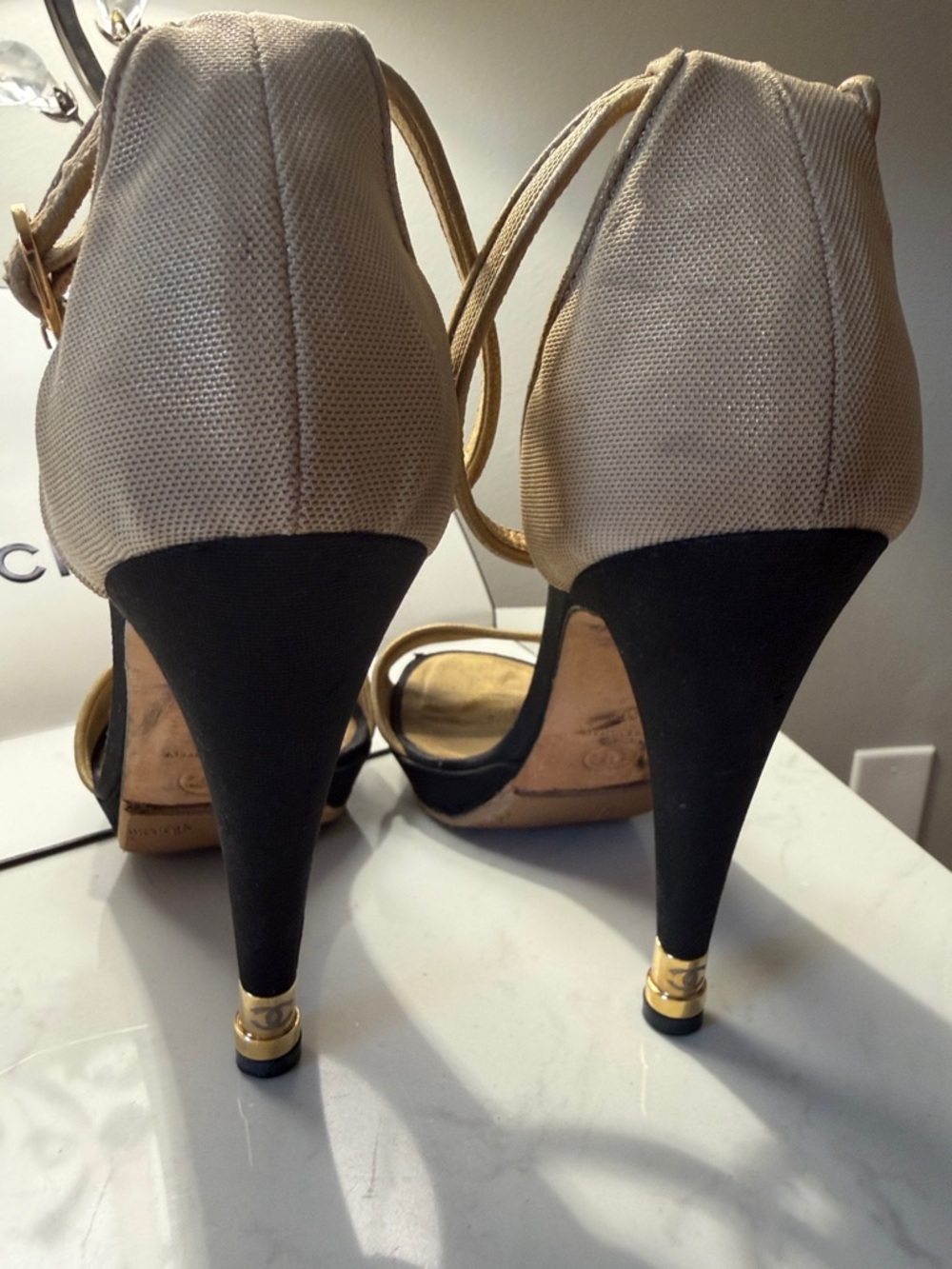 CHANEL Beige and Black SATIN Ankle-Strap Stilettos with Gold Accents from 2001 - Picture 5 of 6